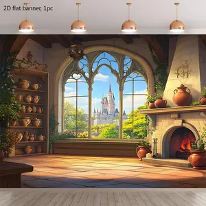 A backdrop banner of a Cinderella castle. The backdrop is suitable for the wall of the photography studio. Perfect for use as a background for parties, events, and birthday anniversary decorations. (wwx)