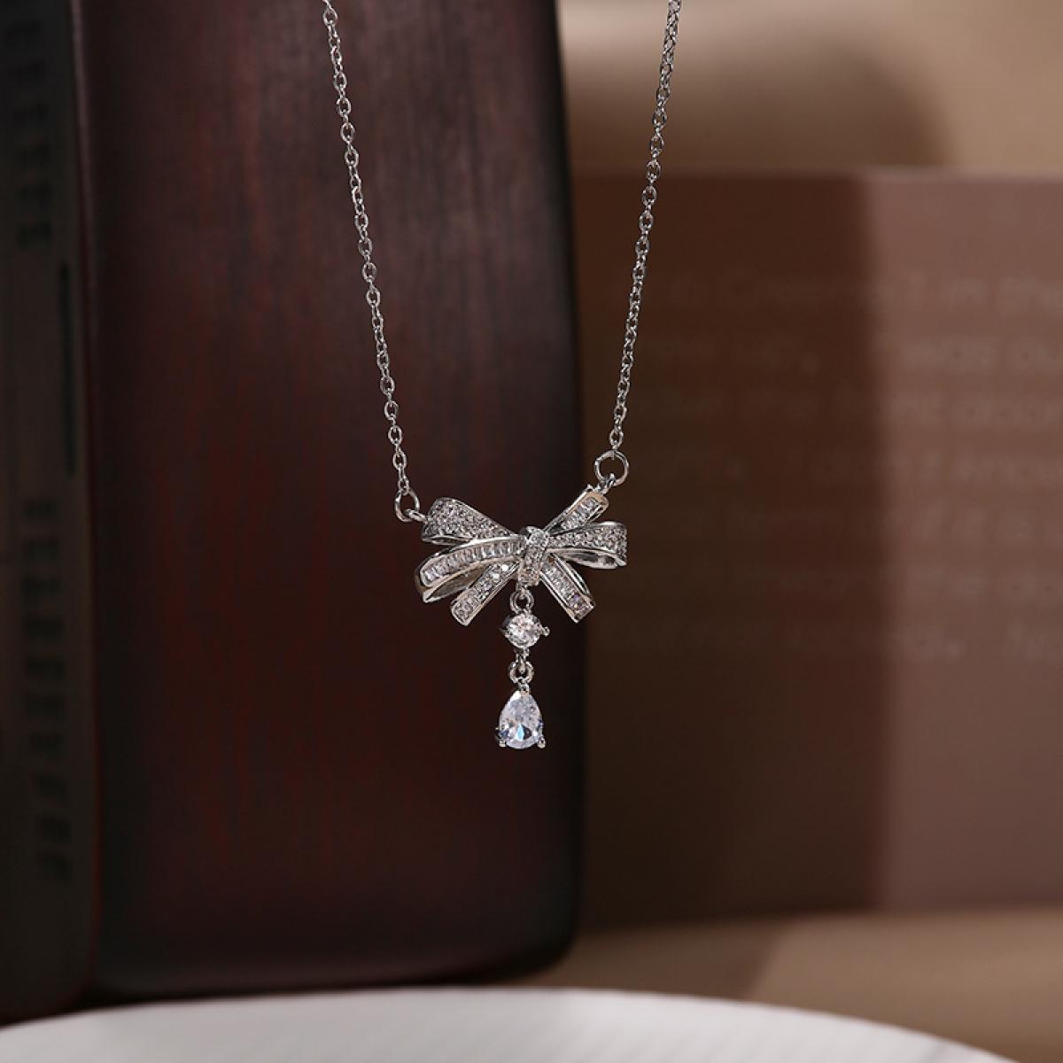 Cute Bow Shape Sparkle Drop Necklace, Smooth Delicate Link Chain, Elegant Feminine Statement Jewelry, Stackable Everyday Accessory, Thoughtful Gift for Fashion Lovers