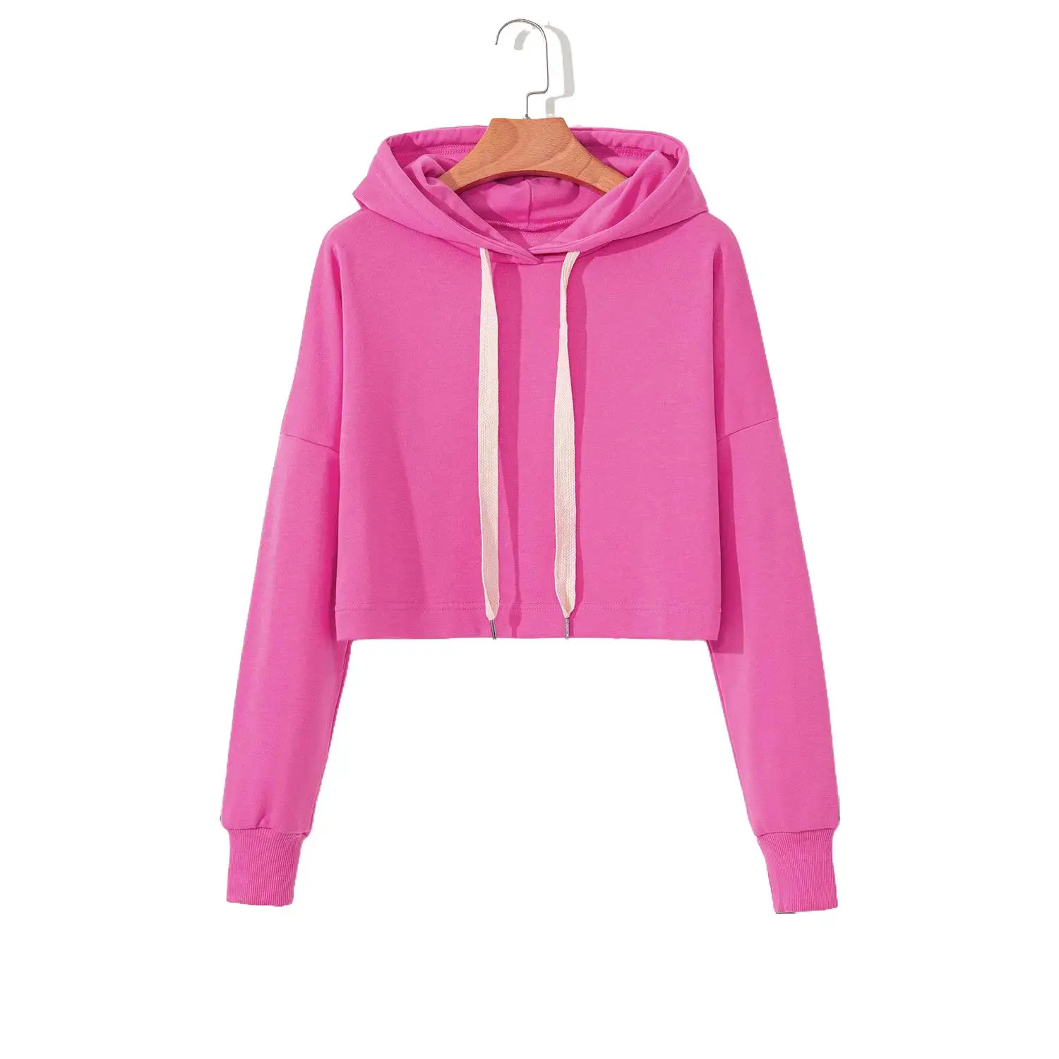 Women's Plush Fabric Crewneck Cropped Hoodie - Pink, Drop Shoulder, Drawstring, Pocket Sweatshirt