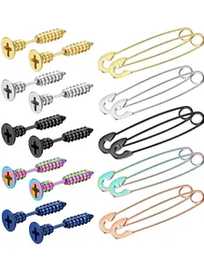 10 Pairs Stainless Steel Unisex Earrings, Punk Gothic Hip Hop Style, Spiked Screw Design, Safe Pin Earring Set for Daily Wear, Fashionable Jewelry Accessories, Stud Earrings Jewelry