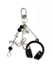 Cute Creative 3D Beaded Earphone Keychain Bag Charm, Headset Phone Strap Pendant,Music Headphone Keyring Bag Keychain Phone Chain Unisex Backpack Pendant Hanging Decoration Accessory,Ideal Gift for Friends/Besties/Family/Couple Black Silver Pink