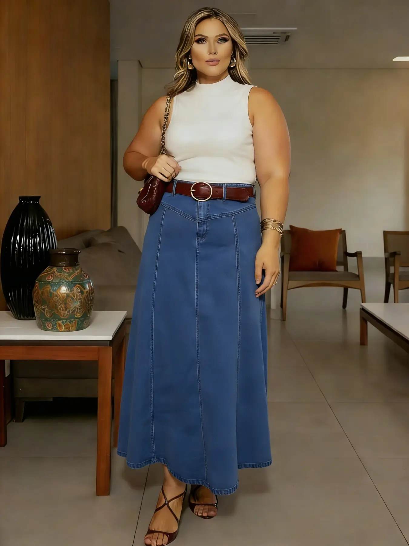 Plus Size Women's Elastic Washed High Waist A-Line Denim Maxi Long Skirt, Basic Casual Minimalist Everyday Fashion Bright Blue, Loose-Fitting for All Seasons Elegant Chic Skirt Denim Material Skirt Summer Casual Skirt