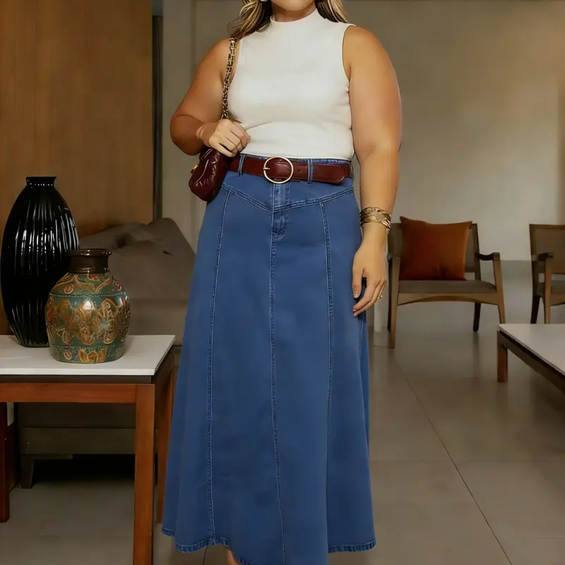 Plus Size Women's Elastic Washed High Waist A-Line Denim Maxi Long Skirt, Basic Casual Minimalist Everyday Fashion Bright Blue, Loose-Fitting for All Seasons Elegant Chic Skirt Denim Material Skirt Summer Casual Skirt