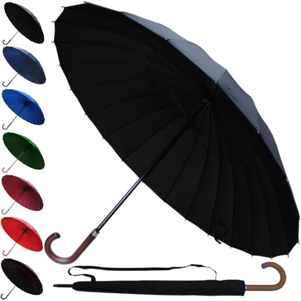 60MPH Windproof 24 Rib Large  Umbrella - XL Automatic Heavy Duty Golf Umbrella For Rain  Wind - 3 Layer Frame - Wooden Hook Hle -  for  Ribs