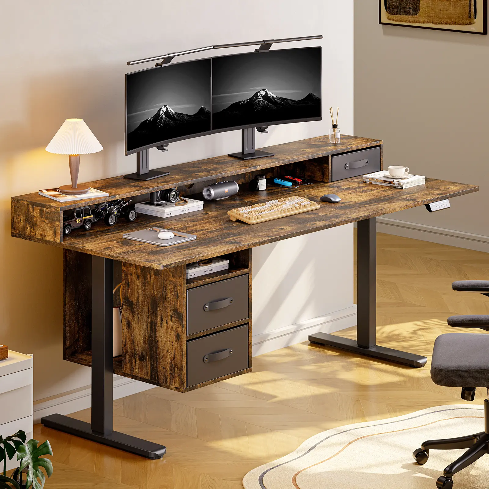 【SummerFinds】ONBRILL Electric Sit-Stand Desk - 63x24in Heavy-Duty Wood Workstation with Steel Legs, 3 Drawers, Open Storage Shelf, 28-46in Adjustable Height for Home Office Computer & Gaming Setup