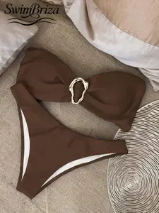 Briza｜Strapless Bandeau Two-Piece Swimsuit In Solid Chocolate Brown With Gold Ring, High-Cut Brazilian Bikinis And Thong Bikini Style, Bikini Sets And Swimsuits 2 Piece For Vacation Swimwear For Women, A Bathing Suit Fancy Resort Look