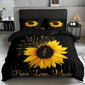 2/3 PCS Sun Flower Note Quilt Set, Bedroom Bedding Set,Soft,Breathable 100% Polyester Fiber,Soft High-Definition Digital Printing,Suitable For All Year Round!Beautiful Gift,Suitable For Family,Machine Washable(Duvet Cover+1/2 Pillowcase,Filling)