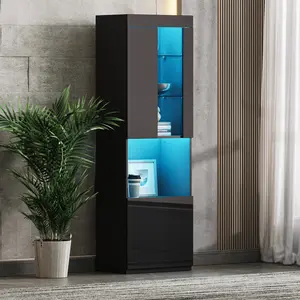 ON-TREND High Gloss Storage Cabinet with LED Lights, 67" Tall Pantry Cabinet with Acrylic Door, Modern Bookcase & Display Cabinet with Open Countertop and Tempered Glass Shelves for Living Room, Black