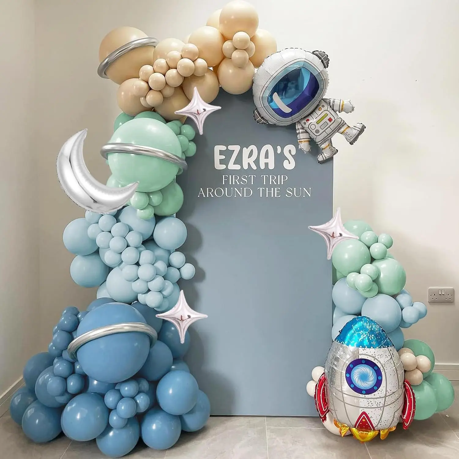 137-Piece Space Balloon Arch Kit in Dusty Blue Green Nude with Rocket, Astronaut, Moon, Star Balloons