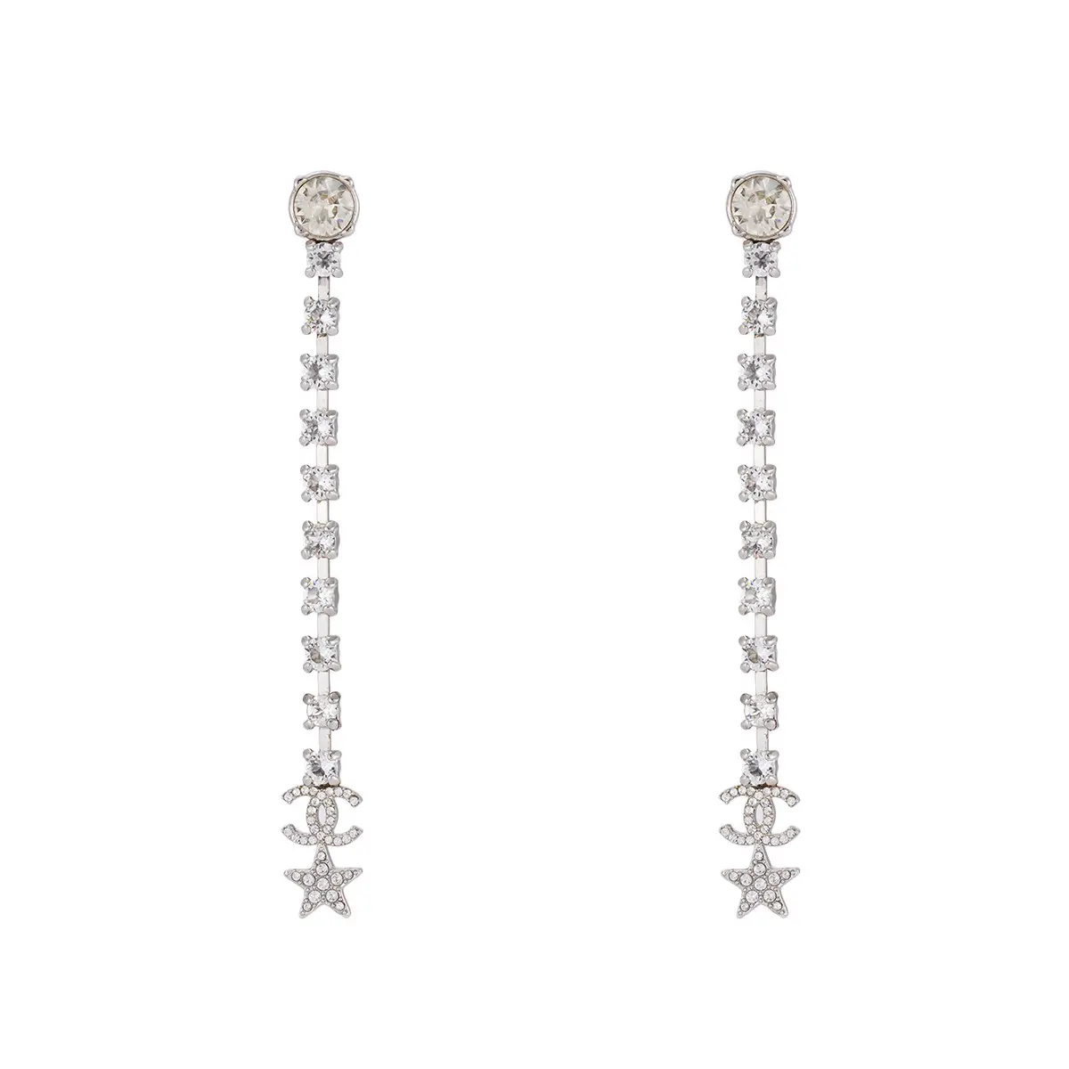 Pre-owned Chanel 2022 Silver Crystal Long Drop Earrings with CC Logo & Star Charm JLP008015