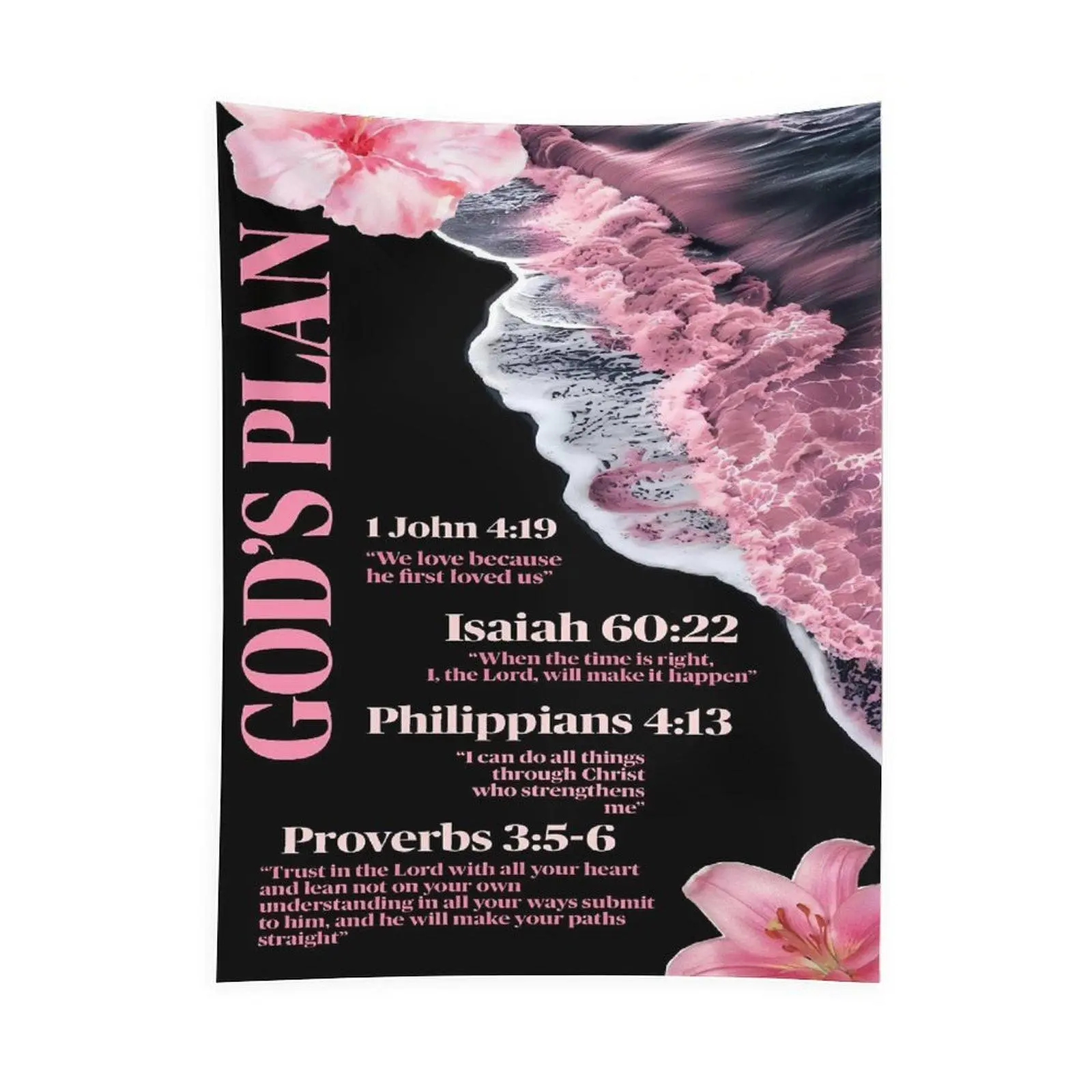 God's Plan Christian Tapestry Wall Hanging, Pink Floral Bible Verse Design, Inspirational Faith Scripture Wall Decor, Religious Bedroom Living Room Decoration