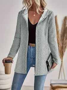 Women's Fashion Elegant Casual Fitted Textured Knit Zipper Hooded Cardigan Sweater Coat, Stylish Long Sleeve Pullover for Fall & Winter
