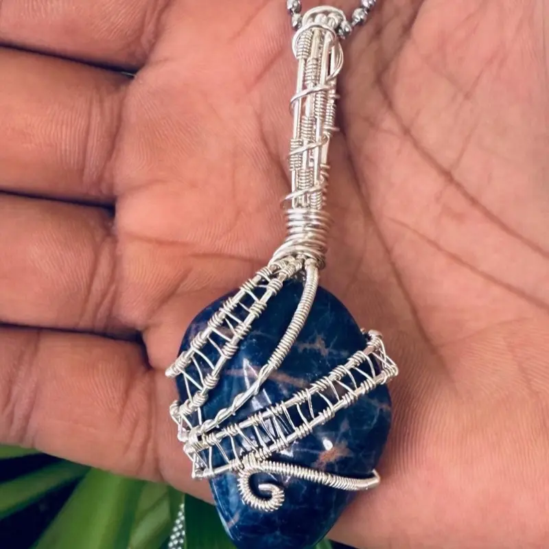 SODALITE PENDANT & RING SET - Healing Crystal Jewelry - Silver Colored Copper Wire - AFFIRMATION: I Think Clearly and Rationally and Remain Open to New Ideas