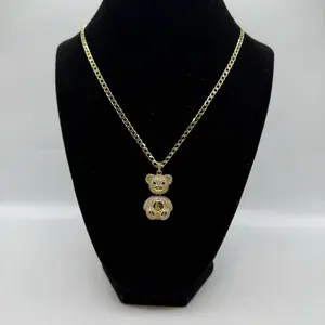 Cuban Link Necklace 3 mm with Bear Pendant 14k Laminated Gold Hypoallergenic Jewelry for Women