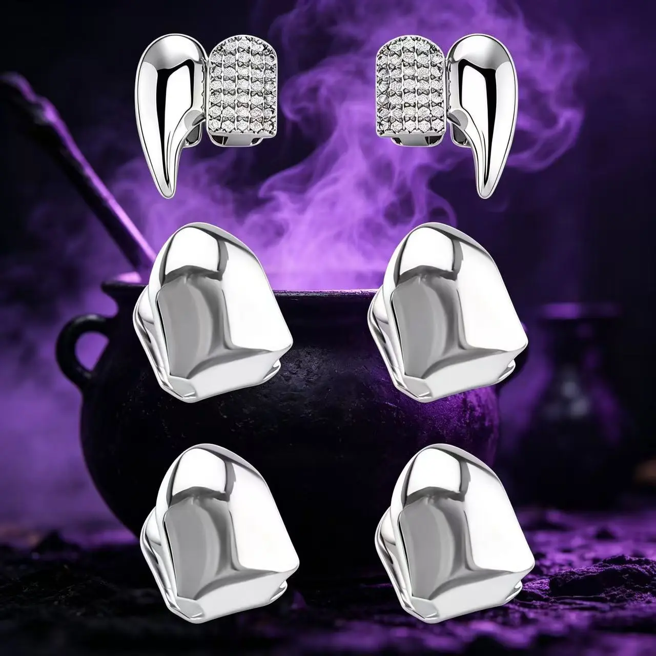 Halloween Hip Hop Grillz, Iced Out Diamond Vampire Fangs Upper Teeth Grills + 4Pcs Bottom Tooth Caps, Gold Plated Removable Dental Jewelry, Punk Costume Accessory for Cosplay, Club and Hip Hop Show