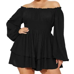 Women Plus Size Rompers Playsuits Swiss Dot Boat Neck Off Shoulder Long Sleeve Spring Fall Short Jumpsuits Streetwear Cotton Womenswear Check Light Black Overalls