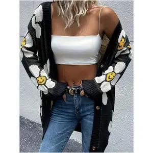 Floral Button Open Knit Cardigan, Casual Long Sleeve Midi Sweater, Women's cardigan sweater cardigan cardigan sweater,Knitwear Womenswear