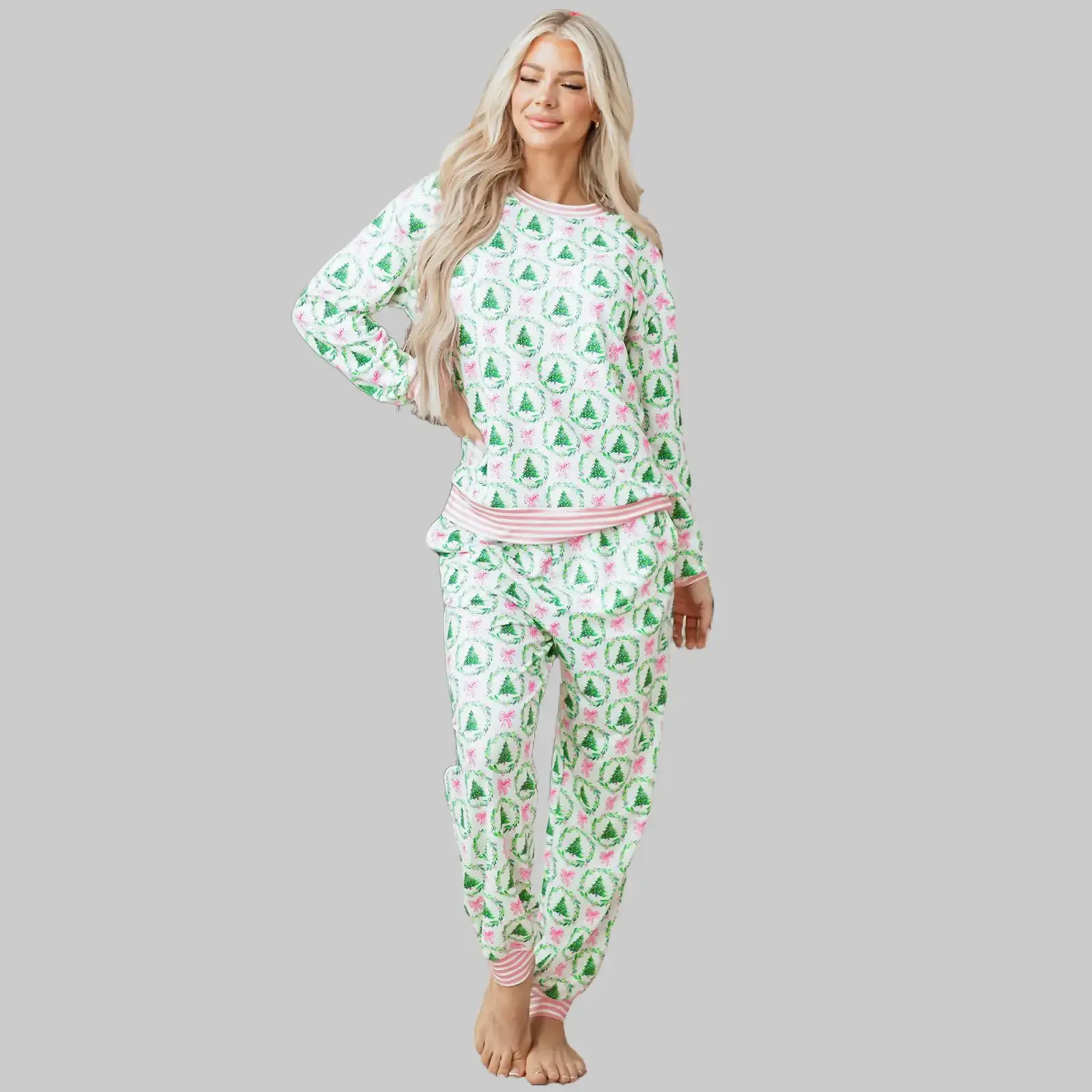Women's Christmas Graphic Pajama Set, 2-Piece Long Sleeve Top and Striped Lounge Pants for Christmas Eve, Nightwear, Machine Washable, Cold Wash, Loungewear, Casual, Bow, 2Pcs, Below The Ankle, Full Length, Normal Type, Polyester, Pyjama Sets