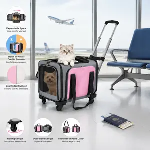 Pink Rolling Cat Carrier Airline Approved, Expandable Pet Travel Carrier with Wheels & Removable Pole Platform, Large Dog Cat Carrier for Air Travel, Upgraded Wheeled Pet Carrier
