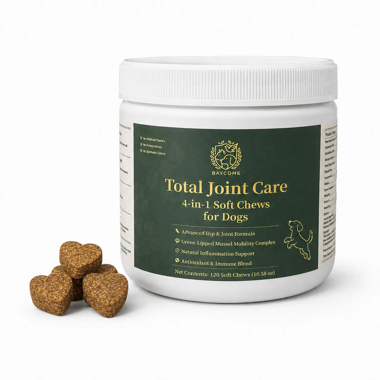 BAYCOME 4-in-1 Total Joint Care Soft Chew Treats for Dogs, Hip & Joint Support Supplement with Glucosamine HCl, Chondroitin Sulfate, MSM, Turmeric Root, Green-Lipped Mussel & Bovine Colostrum, 120 Count, Feeding-B