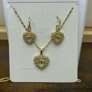Elegant Heart-Shaped Necklace and Earrings Set with Rhinestones Gold Laminated