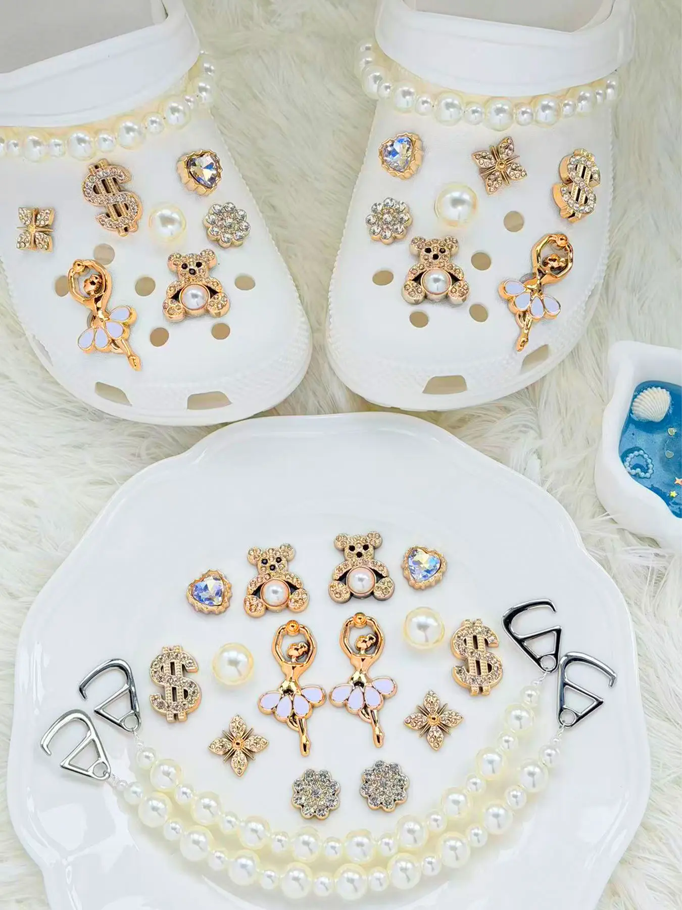 16 Piece Gold Pearl Shoe Clip Set, Ballet Dancer Teddy Bear Chain Decorations, Trendy Hole Shoes Accessories, Fashionable Footwear Ornaments, Bling Shoe Charms