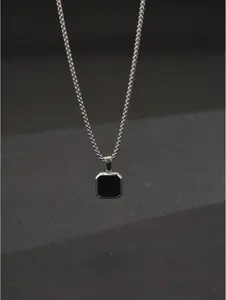 1pc Simple Punk Black Painted Pendant Necklace With Stainless Steel Chain, Daily And Business Accessory For Men