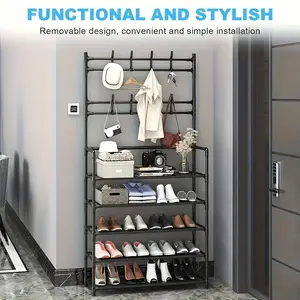 5-Tier Shoe & Coat Rack Storage Organizer with 8 Hooks, Carbon Steel, Minimalist Style, Easy Installation, Functional Design for Living Room, Bathroom, Hallway