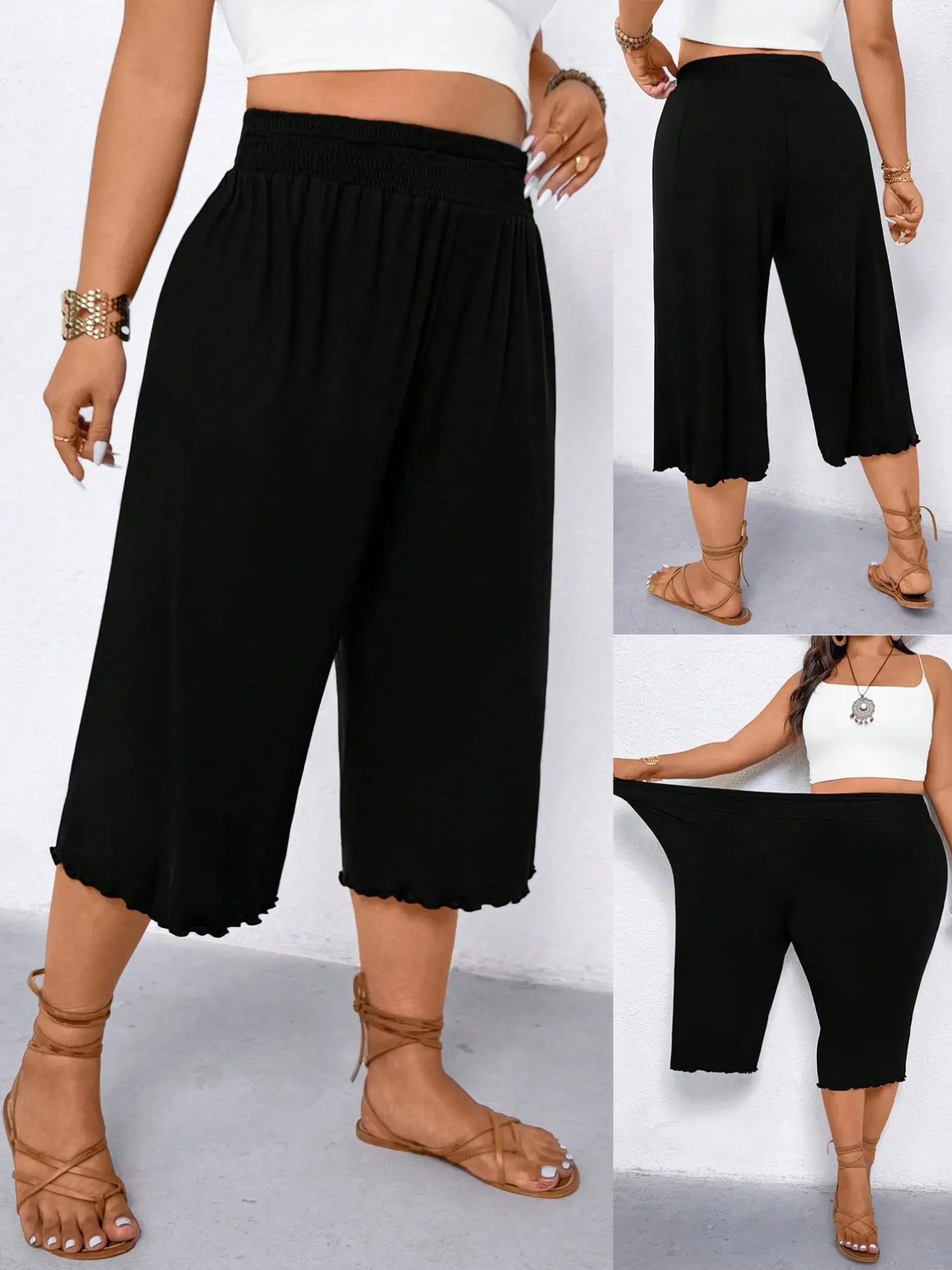 Plus Size Women High-Waisted Capri Pants Bottom, Elastic Waist, Loose Fit Baggy, Soft Stretch Fabric, Casual Summer Beachwear, Comfortable and Slimming