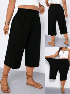 Plus Size Women's High Waist Seven-Quarter Wide Leg Pants, Wave Hem, Elastic Waist, Soft Stretch Fabric, Casual & Stylish, Casual Comfy Fit