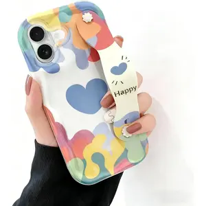 Phone Case compatible with iPhone 17 16 15 14 13 12 11 Pro Max  Case, Adjustable Wristband Kickstand Cover for Women, Wave Frame Heart Pattern, Shockproof Silicone Protective Case Pink