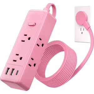 X-PSP04  Pink Extension Cord 5 ft, 1080 Joules Surge Protector Power Strip, Flat Plug Extension Cord with 6 Widely Outlets 3 USB (1 USB C), Power Strip Long Cord for Home Office Dorm Room Essentials