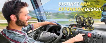 DIBMS Portable Three-Blade Car Cooling Fan—2-speed settings, 360° rotation, easy installation, USB-powered, powerful airflow, suitable for a wide range of vehicles including sedans, RVs, and SUVs