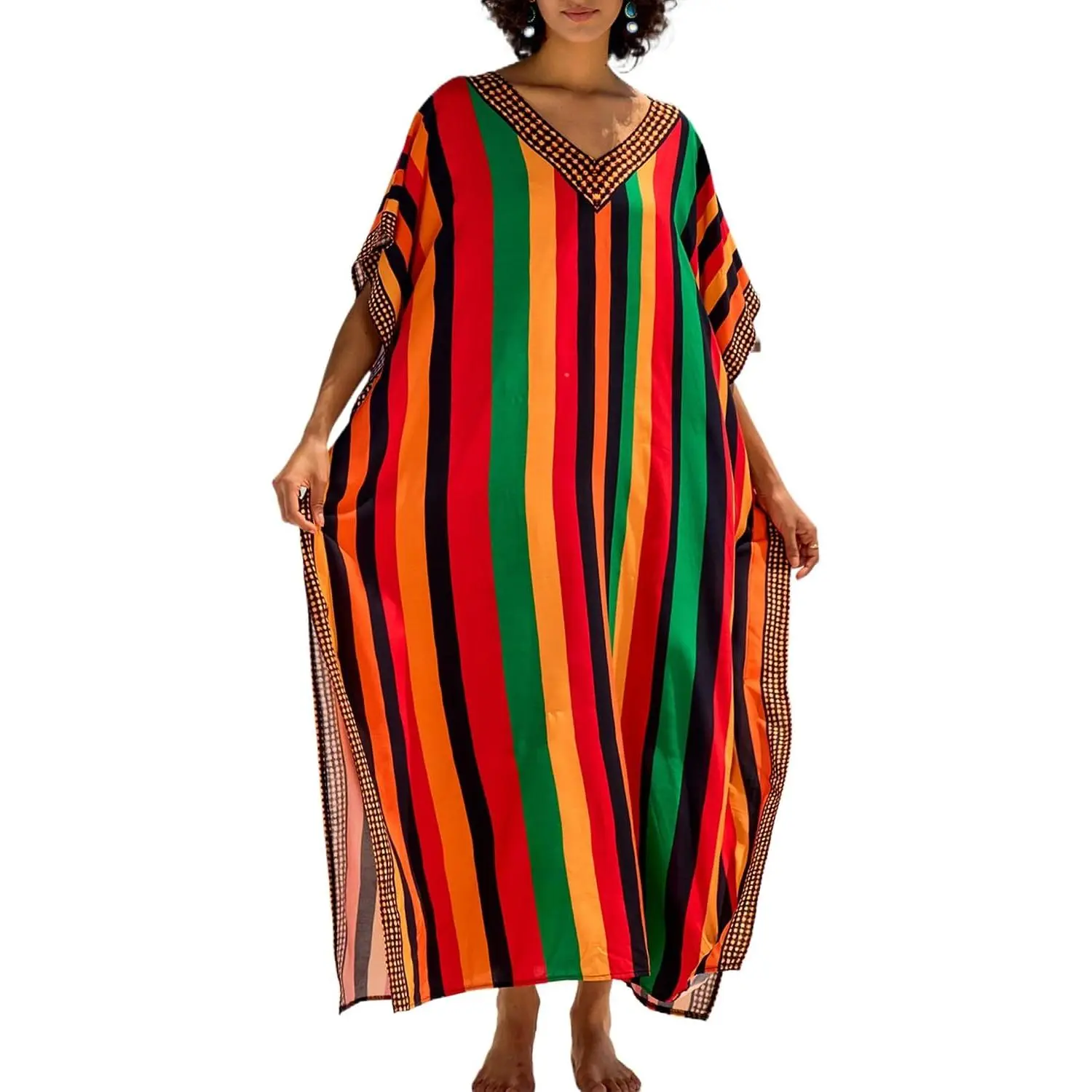 Women Kaftan V Neck Casual Bathing Suit Kimono Sleeve Side Split Beach Cover Up Caftan Dress