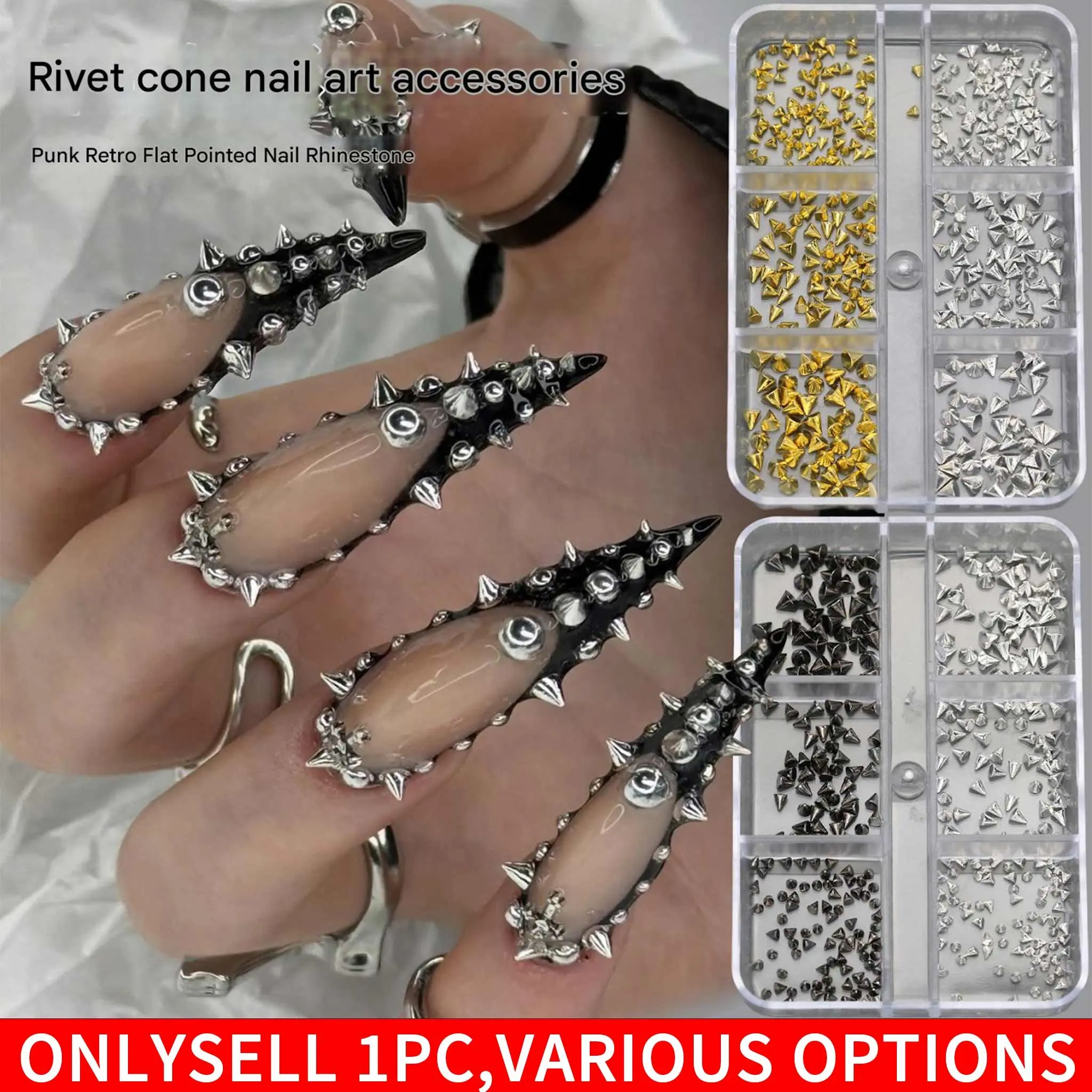 1 Boxes Punk Metal Rivet Nail Charms Cone Mixed Sized Black Silver Gold Nail Art Studs Nail Art Decoration 3D Stylish Alloy Spike Nails Decora 6 Grids Nails Nail Sequins Charms DIY Nail Gems Nail Supplies