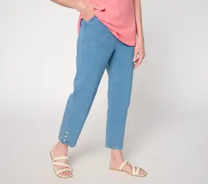 Denim & Co. Petite Indigo Flat Front Side Pocket Crop Pants w/ Snaps