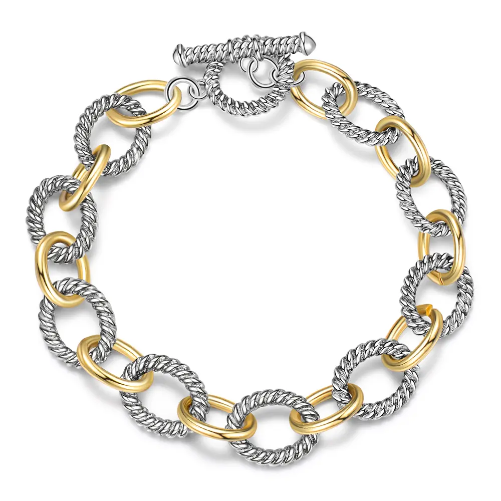 Aprilery Braided Wire Cable Non Tarnish Bracelet with Two-Tone Circle Chain Link Bangle for Women & Girls Aprilery Braided Wire Cable Non Tarnish Bracelet with Two-Tone Circle Chain Link Bangle for Women & Girls