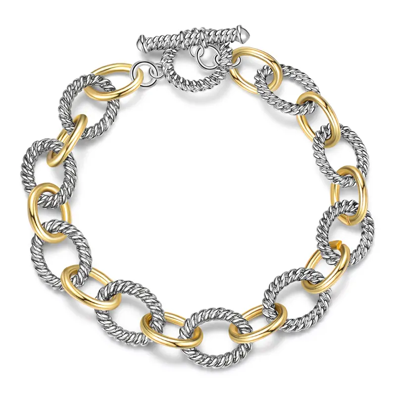 Aprilery Braided Wire Cable Non Tarnish Bracelet with Two-Tone Circle Chain Link Bangle for Women & Girls