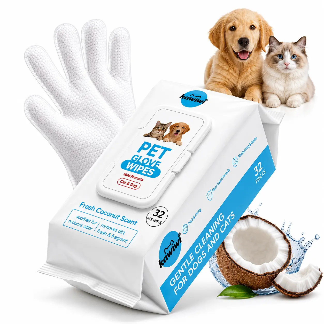 Kawiwi 32 Pcs Pet Wipes Gloves, Coconut-Scented Deodorizing Grooming Wipes for Dogs & Cats, Natural, Alcohol-Free, Low-Allergen, Moisturizing, No-Rinse for Paws, Rear, Ears & Fur