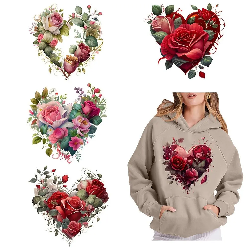 Floral Heart Pattern Iron-on Transfer Decals, 6 Counts/set DTF Heat Transfer Stickers, Washable Plastic Appliques, DIY Decorative Patches for Clothes, Handicraft, Diy Material, Diy Decoration, Craft Supplies, Diy Products