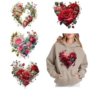 Floral Heart Pattern Iron-on Transfer Decals, 6 Counts/set DTF Heat Transfer Stickers, Washable Plastic Appliques, DIY Decorative Patches for Clothes, Handicraft