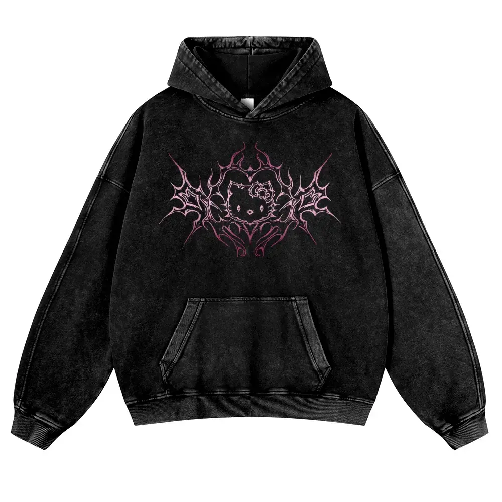Y2K Dark Aesthetic Cat Pullover Hoodie Kitten 380g Autumn VIntage Washed Hoodie Graphic Sweatshirt,back to school,back to school shopping