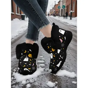 Halloween Women's Winter Fur-Lined Snow Boots, Ultra Warm, Cozy and Comfortable, Soft Color Printed Slip-Ons, Slip-Resistant Sole, Ideal for Cold Weather, Best Halloween Gifts, Fluffy Snow Boots