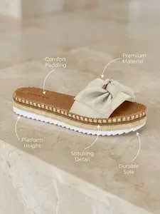 Moleca Women's Tan Bow Design Cute Slide Sandals - Comfortable Flat Summer Rubber Footwear, Cushioned Footbed, Non-Slip Sole, Casual Slip-On Shoes for Beach, Travel, Cute Sandals
