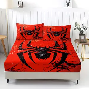 3Pcs Red and Black Spider Logo Print Fitted Sheet Set, Made Of Breathable and Skin-Friendly Fabric, Suitable for All Seasons. Street Style and Marvel Style, This Full-Coverage Bedding Set Is Perfect for Bedrooms, Dormitories, or As A Gift for Men.
