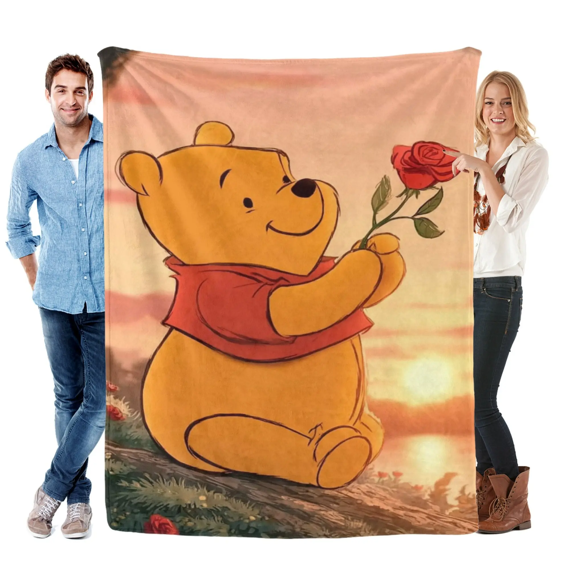 [SummerVibes] DISNEY CLASSIC Winnie the Pooh Rose Sunset Soft Blanket, 2D Flat Cartoon Print Throw for Home, Couch, Office Nap & Decor