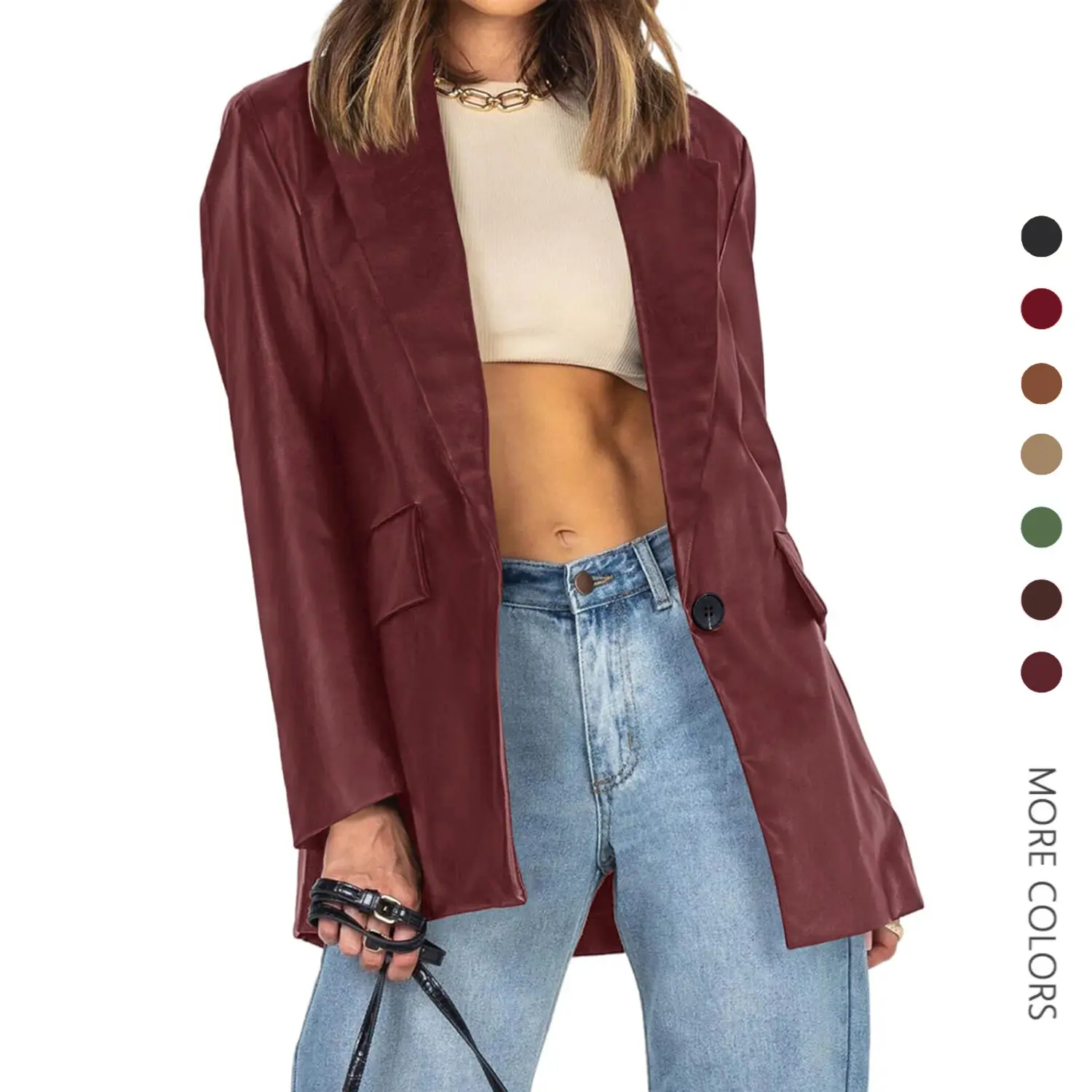 Danedvi Womens Oversized Leather Jacket Long Sleeve Faux Leather Blazer Lapel Button Down Leather Shacket Coat with Pockets Fitted Brown
