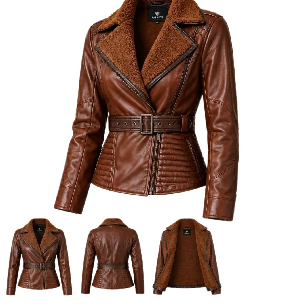 Women’s Genuine Lambskin Leather Jacket – Chic & Elegant  Elevate your wardrobe with this luxurious women’s leather jacket, crafted in a rich brown finish with a warm shearling-style interior and collar. Its fitted silhouette and adjustable waist belt