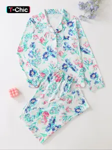 Elegant Women's Floral Longsleeves Pajama Set, Button Front Long Sleeve Top & Comfortable Pants, Casual Loungewear Spring & Fall Sleepwear, Floral Pajama Sets