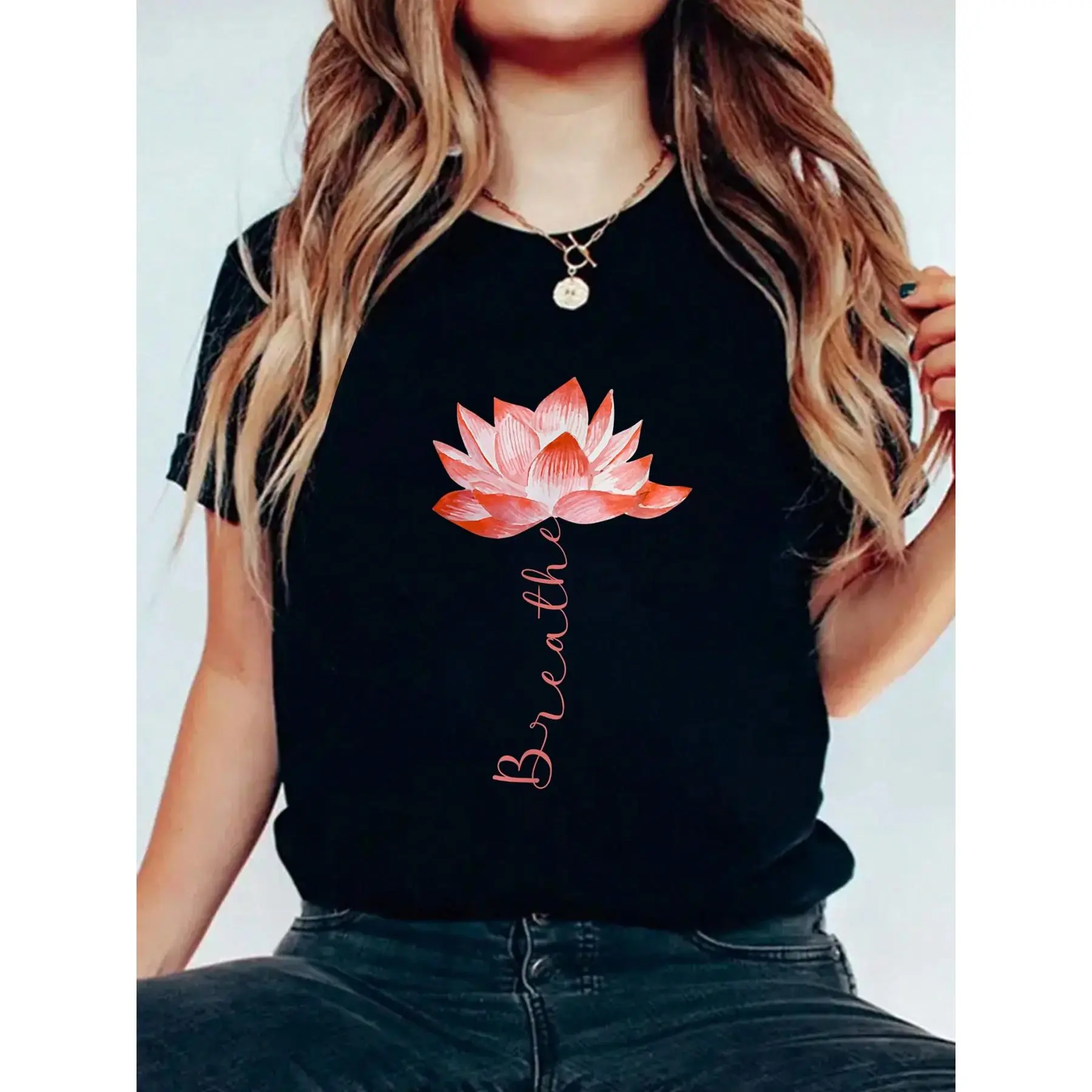 Women's Soft Yoga Tee with Pink for Lotus Flower Graphic - "Breathe" Print, Round Neck, Short Sleeve, Stretch Fabric, Summer Activewear for Meditation & Yoga Lovers, Casual Wear | Round Neck Top | Stylish Design